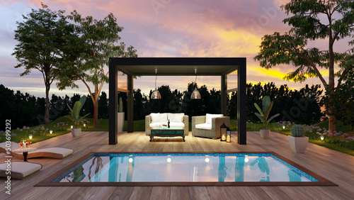3D render front view of outdoor pergola o pool deck at sunset