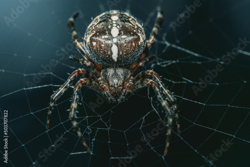 Closeup of a European garden spider on the web with a blurry background