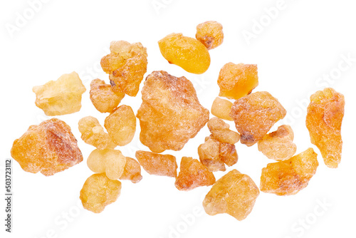 Frankincense resin isolated on white background. Pile of natural frankincense Olibanum. Incense. Top view.