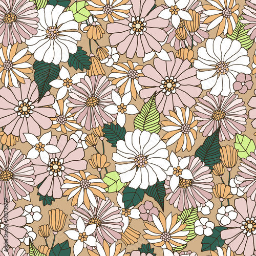 Floral seamless pattern in retro style. Hand drawn blossom beige vintage texture. Great for fabric, textile, wallpaper. Vector illustration