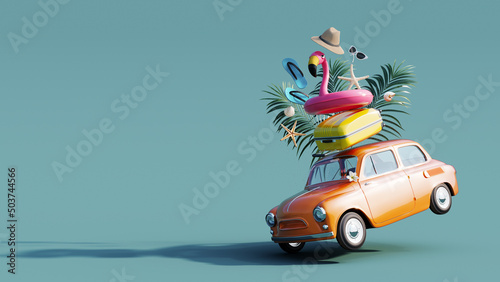 Funny orange retro car with summer vacation accessory on green background 3D Rendering, 3D Illustration