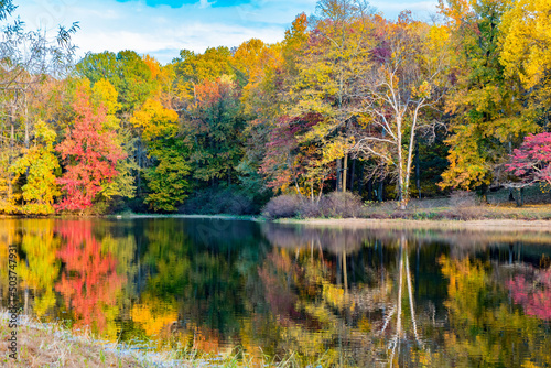 Beautiful shot of Audubon State Park with a lake and autumn trees