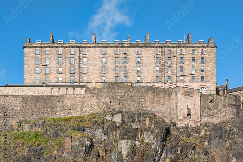 Ample views of the New Barracks built 1799 to accommodate Scottish soldiers and military troops, part of the prominent castle settled in the middle of the city on Castle Rock, Edinburgh, Scotland, UK