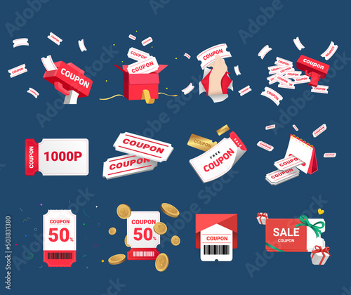 Variety coupon pack illustration set. 3d, pay, coin, gift box, point. Vector drawing. Hand drawn style.
