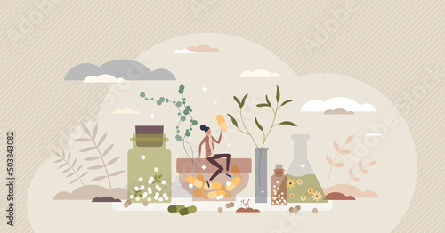 Homeopathy and herbal medicine using natural herb pills tiny person concept. Organic medication and disease cure with alternative healing vector illustration. Essential oils and plants treatment.