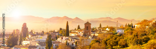 Granada city landscape panorama viewat sunset