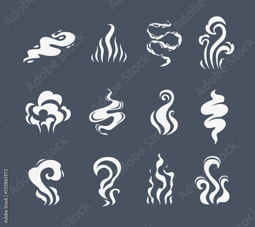 Cartoon smoke effects set. Coffee and tea steam, food flavor, smell and aroma. Vector white vapor of hot drinks and food, fire flame, cigarette or hookah smoke clouds, coffee cup or mug steam