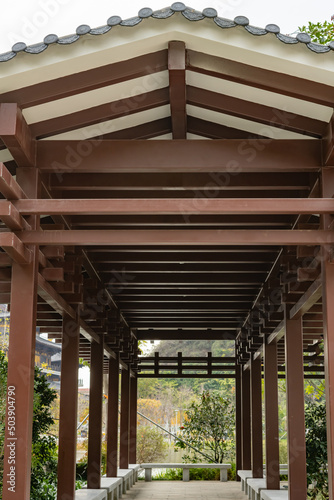 pathway with wooden roofs vertical composition