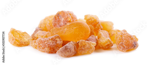 Frankincense resin isolated on white background. Pile of natural frankincense Olibanum. Incense.