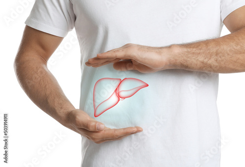 Man and illustration of liver on white background, closeup