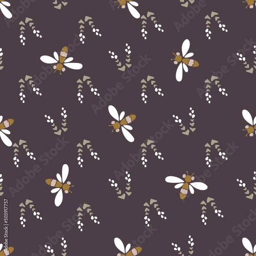 Modern vector floral pattern, small flowers, dragonflies, butterflies, insects with wings on a brown background. Seamless pattern in a minimalist style for paper, textile