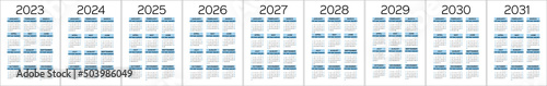 Calendar set from 2023 to 2031 year. Color vector pocket calender design 2024, 2025 and 2026. Week starts on Sunday. January, February, March