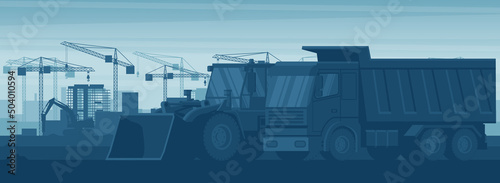 Panoramic view background of heavy machinery such as dump truck, front loader, hammer excavator working in the building construction industry in a city