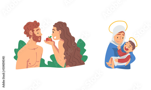 Bible Narrative with Adam and Eve Partaking Forbidden Fruit and Mary Holding Jesus Baby Vector Illustration Set