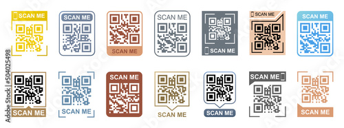 QR code colorful frame vector set and scanning phone. Scan me phone tag. Template of QR code for mobile app, payment, smartphone, pda, mobile phone. Vector illustration. Barcode, digital technology