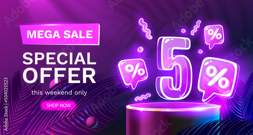 Mega sale special offer, Neon 5 off sale banner. Sign board promotion. Vector