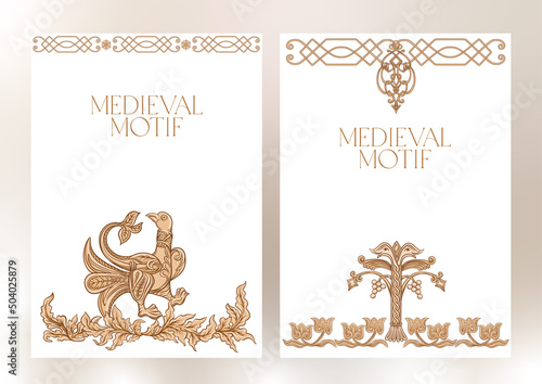 Byzantine traditional historical motifs of animals, birds, flowers and plants Template for wedding invitation, greeting card, banner, gift voucher, label. Vector illustration.