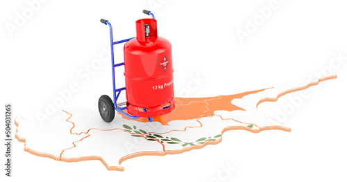 Cypriot map with propane gas cylinder on hand truck. Gas Delivery Service in Cyprus, concept. 3D rendering