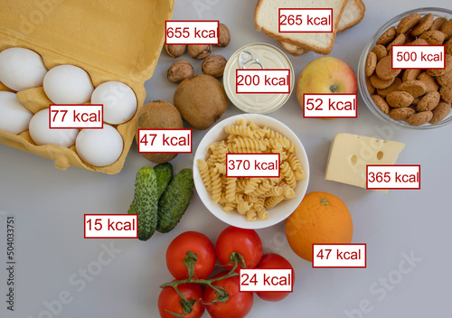 different food, vegetables and fruits with calorie indication