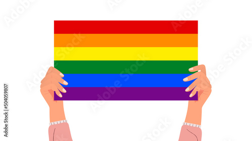 Female hands holding placard LGBT pride or rainbow color paper isolated on white background. Style cartoon. Vector illustration.