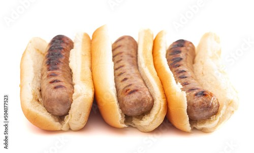Grilled Bratwurst in a Hotdog Bun on a White Background