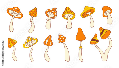 Retro set groovy mushrooms isolated on white background. Trendy hippie vector illustration in style 60s, 70s
