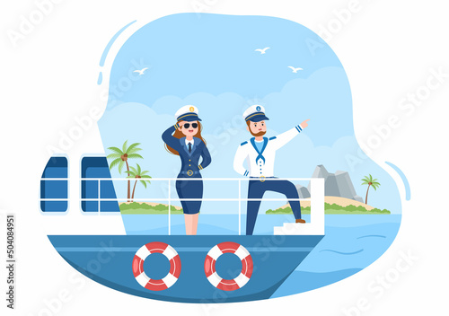 Cruise Ship Captain Cartoon Illustration in Sailor Uniform Riding a Ships, Looking with Binoculars or Standing on the Harbor in Flat Design