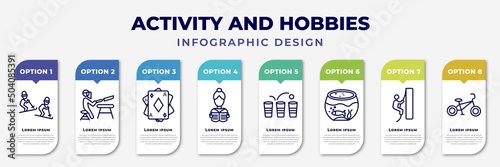 infographic template with icons and 8 options or steps. infographic for activity and hobbies concept. included freestyle, knife making, baccarat, read, beer pong, aquarium, rappelling, bmx editable