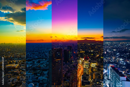A sliced time lapse photography of panoramic cityscape in Tokyo day to night