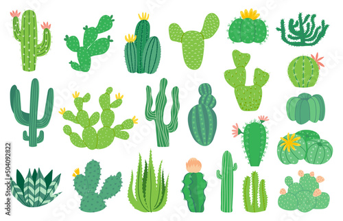 Cactus plant. Cartoon decorative exotic succulent, tropical desert plant. Vector mexican aloe isolated set