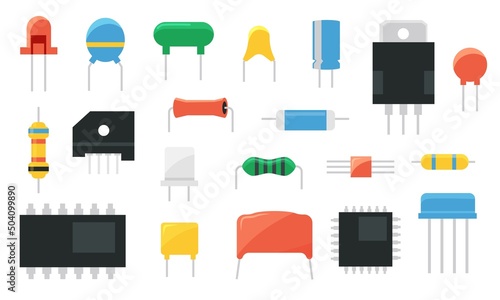 Electronic component. Semiconductor chip capacitor transistor resistor and LED hardware. Vector electric circuit board ceramic parts isolated set