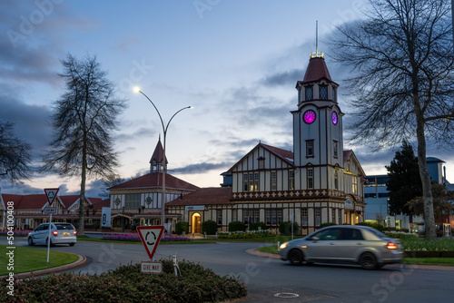 The town of Rotorua, New Zealand at dusk