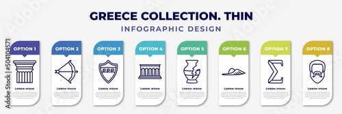 infographic template with icons and 8 options or steps. infographic for greece collection. thin concept. included pillar, artemis, aspis, parthenon, broken amphora, , sigma, plato editable vector.