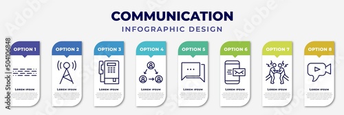 infographic template with icons and 8 options or steps. infographic for communication concept. included morse code, radio antenna, public phone, people connection, talking, mobile with envelope,