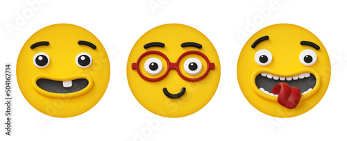 3d render, set of round yellow face icons with different emotions and facial expressions, isolated on white background. Excitement smart shock