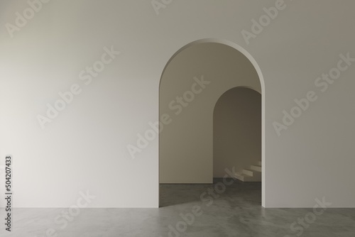 3D render empty white room with arch wall design and concrete floor, corridor with stair, perspective of minimal design. Illustration