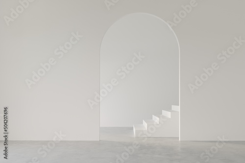 3D render empty white room with arch door wall design and concrete floor, corridor with stairs, perspective of minimal design. Illustration