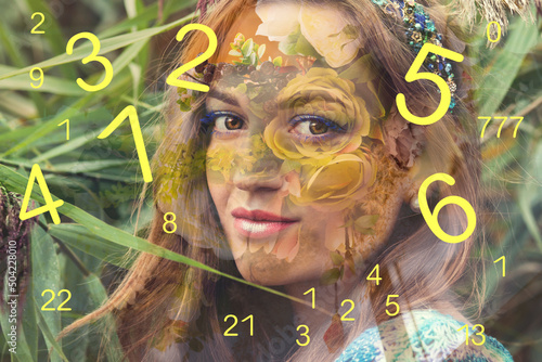 Woman's face in flowers and summer numerology 