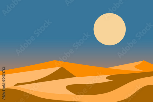 Sandy hills in the desert against the background of the sky and the sun