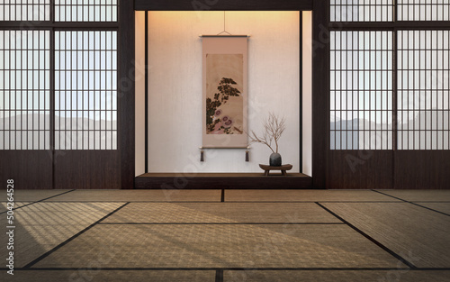 Traditional japanese empty room interior with tatami mats and sun light.3d rendering