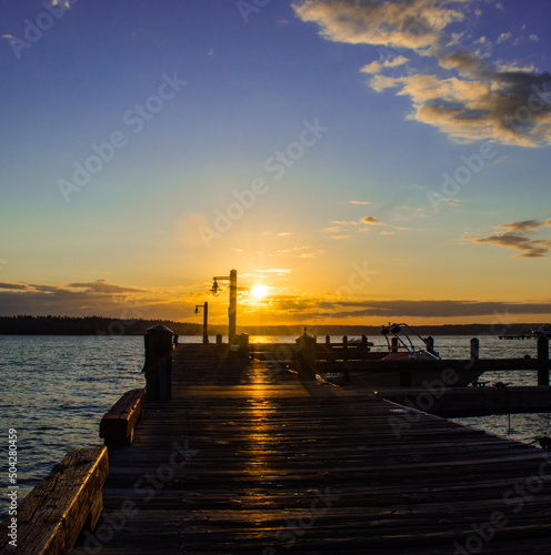 Lake Washington Sunset from board walk at Marina Park on Moss Bay in Kirkland