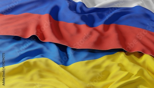 Waving colorful flag of russia and national flag of ukraine