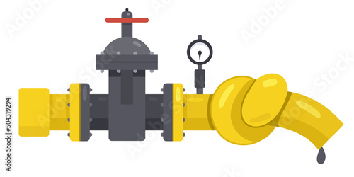 An illustration of a pipeline with a valve stops the supply of energy resources. The pipeline is tied in a knot. Isolated object on a white background. Simple style.