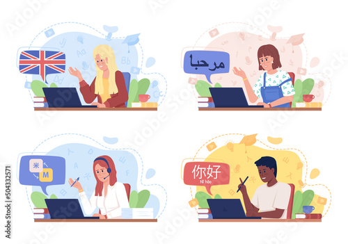 Speaking foreign language fluently 2D vector isolated illustration set. Flat characters on cartoon background. Colourful scene collection for mobile, website. Patrick Hand, KozGoPr6N fonts used