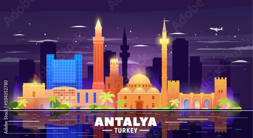 Antalya ( Turkey ) skyline with panorama in night background. Vector Illustration. Business travel and tourism concept with modern buildings. Image for presentation, banner, placard and web site.
