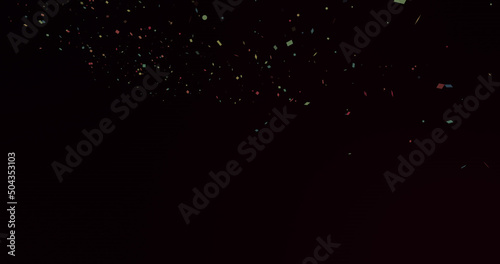 Image of congrats text, confetti and colourful balloons on black background