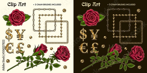 Set with colorful vintage design elements. Red roses, gold chains pattern brushes, ball beads, money symbols of world currencies on dark, light background. Isolated vector illustration. Luxury concept