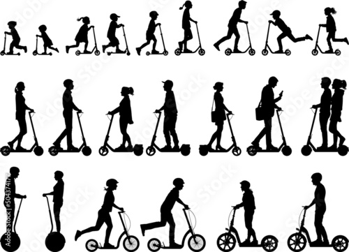 People men women and children riding kick electric urban scooter vector silhouette collection