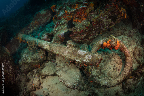Anchor from HMS Proselyte, wrecked on the reef off the coast of Sint Maarten, Dutch Caribbean