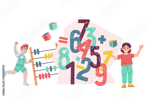 Kids math classes and school arithmetic lessons, flat vector illustration isolated on white background. Children studying mathematic, counting and playing logic games.